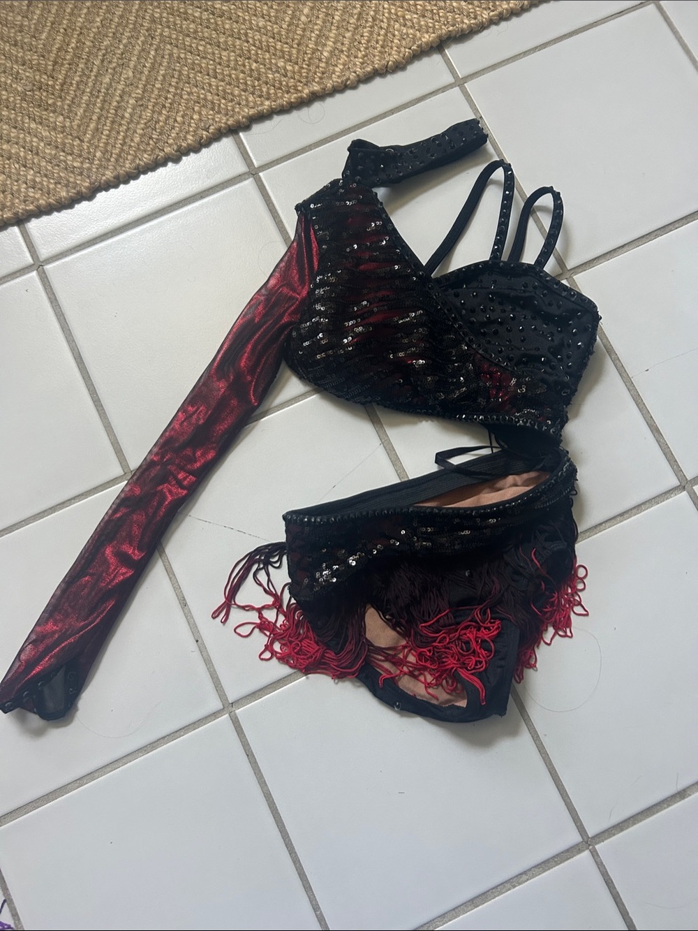 Youth Black & Red Sequin Fringe Dance Costume Set